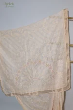 Beige cream Checked Organza Chikankari Saree - Image 4
