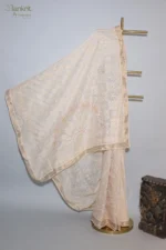 Beige cream Checked Organza Chikankari Saree - Image 6