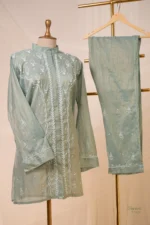 Ethereal Greenish Blue Tissue Co-ord Set with Ghaspatti & Beadwork - Image 2