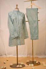 Ethereal Greenish Blue Tissue Co-ord Set with Ghaspatti & Beadwork