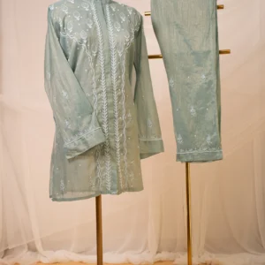 Ethereal Greenish Blue Tissue Co-ord Set with Ghaspatti & Beadwork