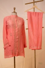 Delicate Pink Mul Chanderi Co-ord Set with Golden Mukaish - Image 2