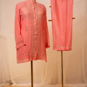 Delicate Pink Mul Chanderi Co-ord Set with Golden Mukaish
