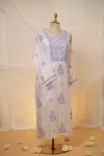 Greyish Blue Kota Chikankari Suit Set with Zardozi & Beadwork