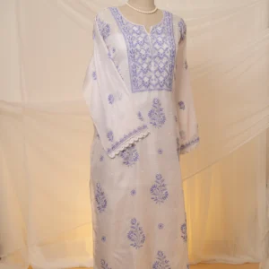 Greyish Blue Kota Chikankari Suit Set with Zardozi & Beadwork
