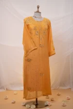 Mustard Yellow Mul Chanderi Chikankari Suit Set with Mukaish Work - Image 2