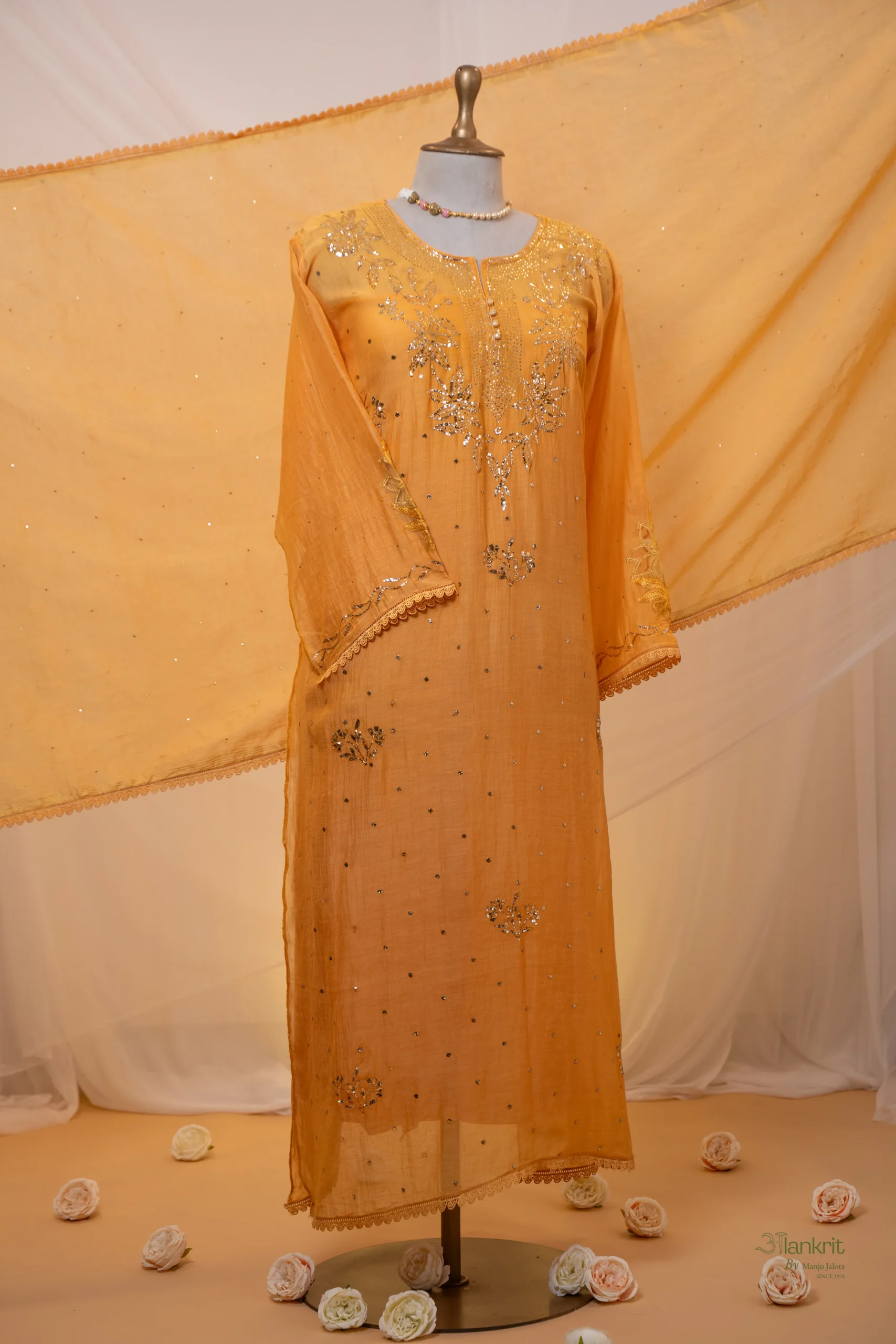 DSC05733 Mustard Yellow Mul Chanderi Chikankari Suit Set with Mukaish Work - Image 1