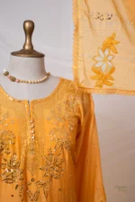 Mustard Yellow Mul Chanderi Chikankari Suit Set with Mukaish Work - Image 4