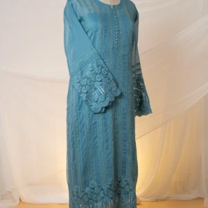 Dark Blue Kota Chikankari Suit Set with Mukaish & Silk Threadwork