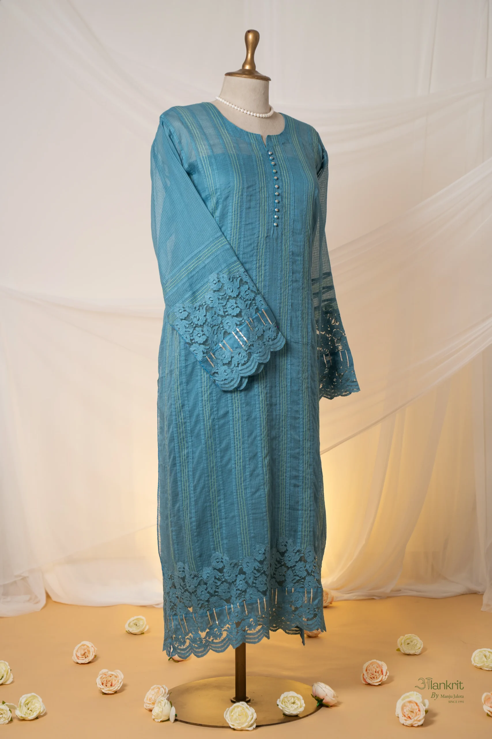 DSC05758 Dark Blue Kota Chikankari Suit Set with Mukaish & Silk Threadwork - Image 1