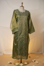 Deep Olive Green Tissue Lucknowi Chikankari Suit Set with Ghaspatti & Jaali Work