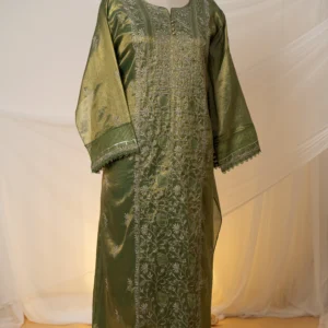 Deep Olive Green Tissue Lucknowi Chikankari Suit Set with Ghaspatti & Jaali Work