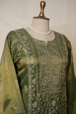 Deep Olive Green Tissue Lucknowi Chikankari Suit Set with Ghaspatti & Jaali Work - Image 3