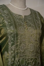 Deep Olive Green Tissue Lucknowi Chikankari Suit Set with Ghaspatti & Jaali Work - Image 4