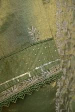 Deep Olive Green Tissue Lucknowi Chikankari Suit Set with Ghaspatti & Jaali Work - Image 5