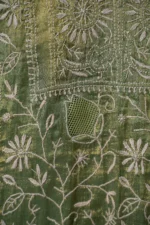 Deep Olive Green Tissue Lucknowi Chikankari Suit Set with Ghaspatti & Jaali Work - Image 6