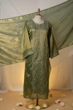 Deep Olive Green Tissue Lucknowi Chikankari Suit Set with Ghaspatti & Jaali Work - Image 7