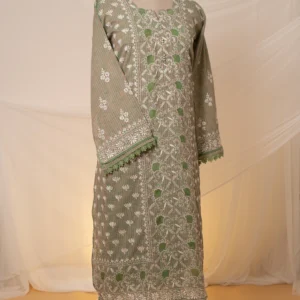 Green & Pink Checked Cotton Chikankari Suit Set with Ghaspatti & Jaali Work