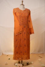 Burnt Orange Mul Chanderi Chikankari Suit Set with Lavender Threadwork & Jaali