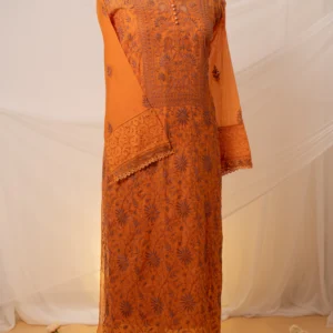 Burnt Orange Mul Chanderi Chikankari Suit Set with Lavender Threadwork & Jaali