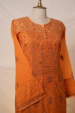 Burnt Orange Mul Chanderi Chikankari Suit Set with Lavender Threadwork & Jaali - Image 3