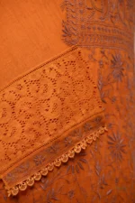 Burnt Orange Mul Chanderi Chikankari Suit Set with Lavender Threadwork & Jaali - Image 4