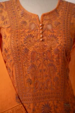 Burnt Orange Mul Chanderi Chikankari Suit Set with Lavender Threadwork & Jaali - Image 5