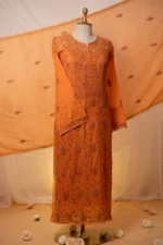 Burnt Orange Mul Chanderi Chikankari Suit Set with Lavender Threadwork & Jaali - Image 6