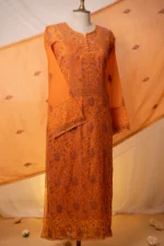 Burnt Orange Mul Chanderi Chikankari Suit Set with Lavender Threadwork & Jaali - Image 7