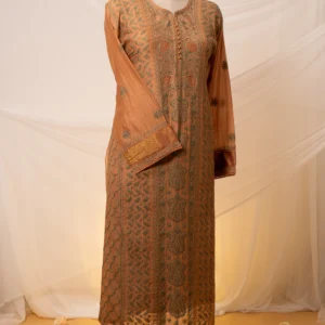 Dark Beige Brown Mul chanderi Chikankari Suit Set with Ghaspatti & Jaali Work