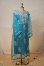 Dark Sky Blue Organza Chikankari Suit Set with Zardozi, Cutdana & Beadwork - Image 2
