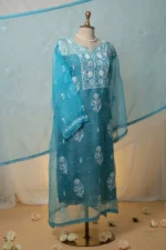 Dark Sky Blue Organza Chikankari Suit Set with Zardozi, Cutdana & Beadwork - Image 3