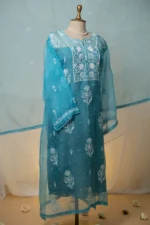 Dark Sky Blue Organza Chikankari Suit Set with Zardozi, Cutdana & Beadwork