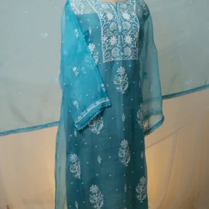 Dark Sky Blue Organza Chikankari Suit Set with Zardozi, Cutdana & Beadwork