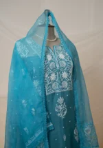Dark Sky Blue Organza Chikankari Suit Set with Zardozi, Cutdana & Beadwork - Image 5