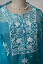 Dark Sky Blue Organza Chikankari Suit Set with Zardozi, Cutdana & Beadwork - Image 6