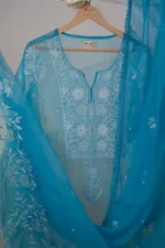 Dark Sky Blue Organza Chikankari Suit Set with Zardozi, Cutdana & Beadwork - Image 8