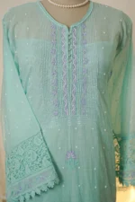 Sea Green Chikankari Suit Set with Multicolour Zardozi, Cutdana & Beadwork - Image 4