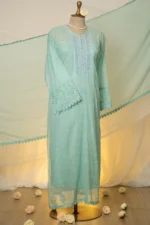 Sea Green Chikankari Suit Set with Multicolour Zardozi, Cutdana & Beadwork - Image 5