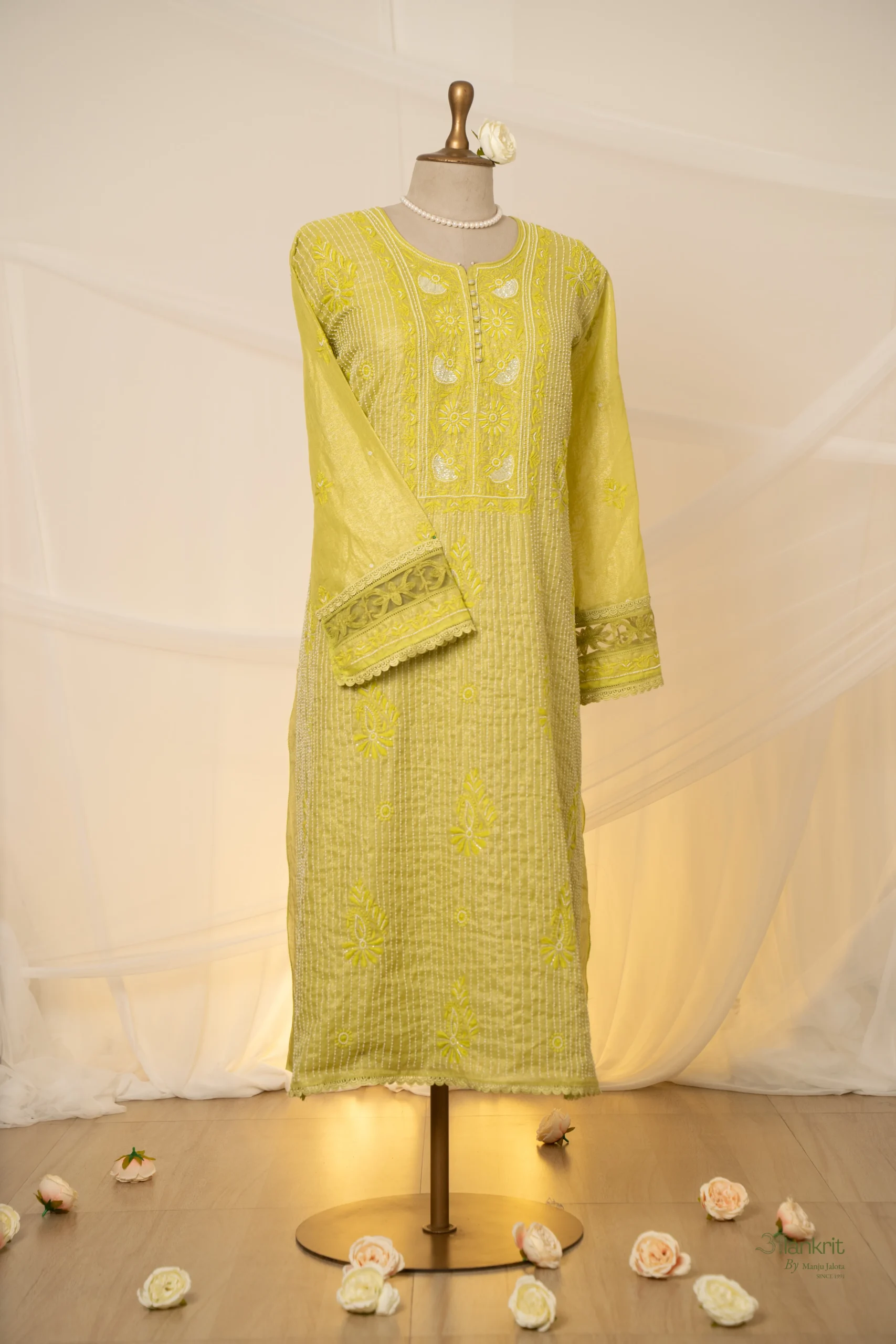 DSC06460 Lime Green Banarasi Tissue Chikankari Suit Set - Image 1