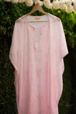 Adaa Mul Chanderi Kaftan Set with Ghaspatti & Beadwork Chikankari - Image 2
