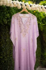 Noor Mul Chanderi Kaftan Set with Baadal & Silver Mukaish Chikankari - Image 3