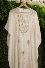 Kashish Mul Chanderi Kaftan Set with Baadal & Golden Mukaish Chikankari - Image 3