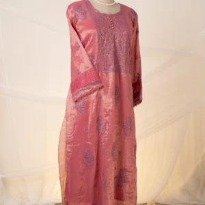 Onion Pink Banarasi Tissue Chikankari Suit Set with Ghaspatti & Lavender Threadwork