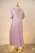 Noor Mul Chanderi Kaftan Set with Baadal & Silver Mukaish Chikankari