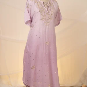 Noor Mul Chanderi Kaftan Set with Baadal & Silver Mukaish Chikankari