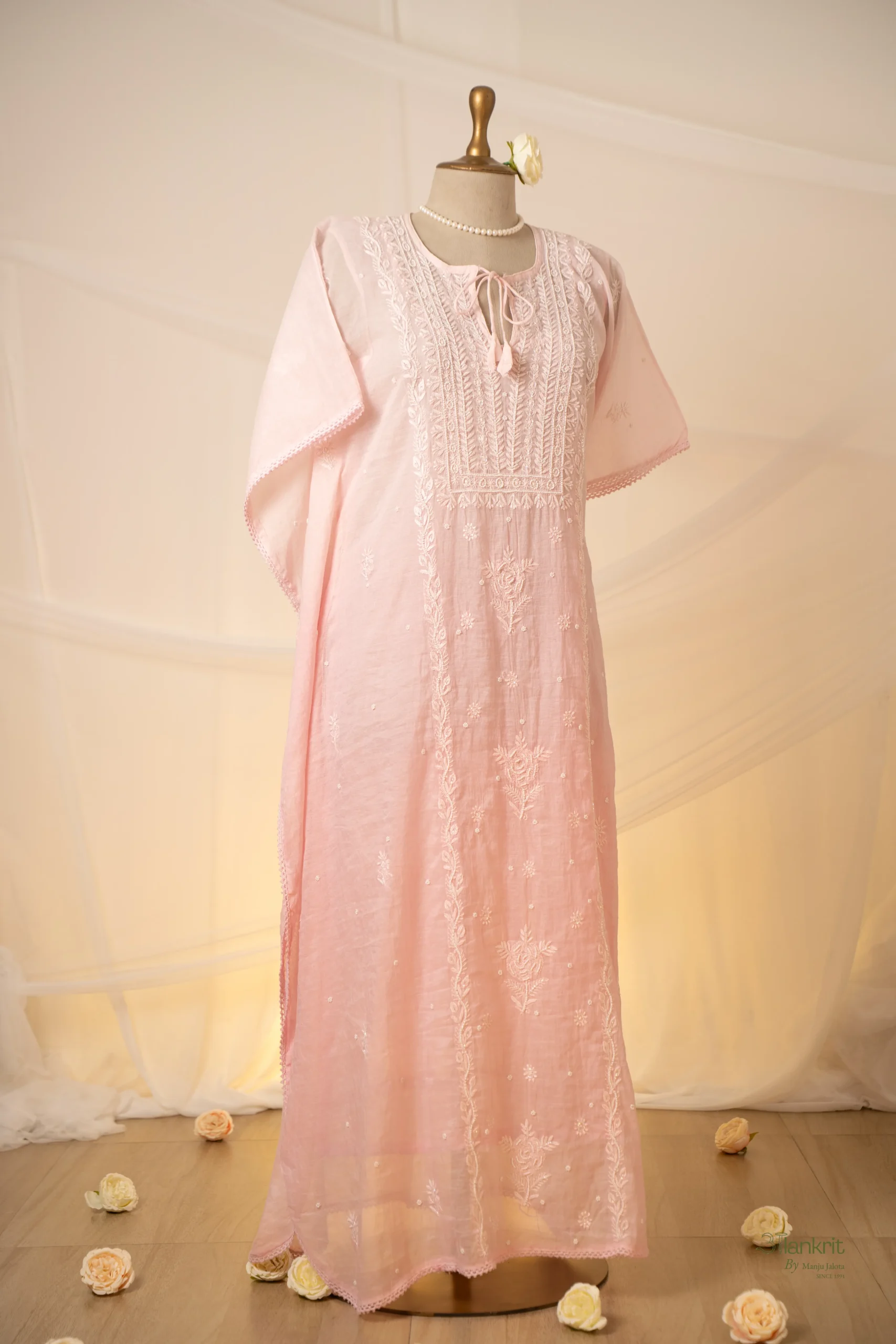 DSC06589 (1) Adaa Mul Chanderi Kaftan Set with Ghaspatti & Beadwork Chikankari - Image 1