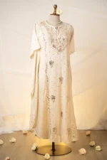 Kashish Mul Chanderi Kaftan Set with Baadal & Golden Mukaish Chikankari