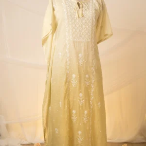 Meher Mul Chanderi Kaftan Set with Ghaspatti & Beadwork Chikankari