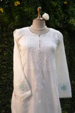 White Kota Lucknowi Chikankari Suit Set with Ghaspatti, Bakhya & Phanda - Image 2